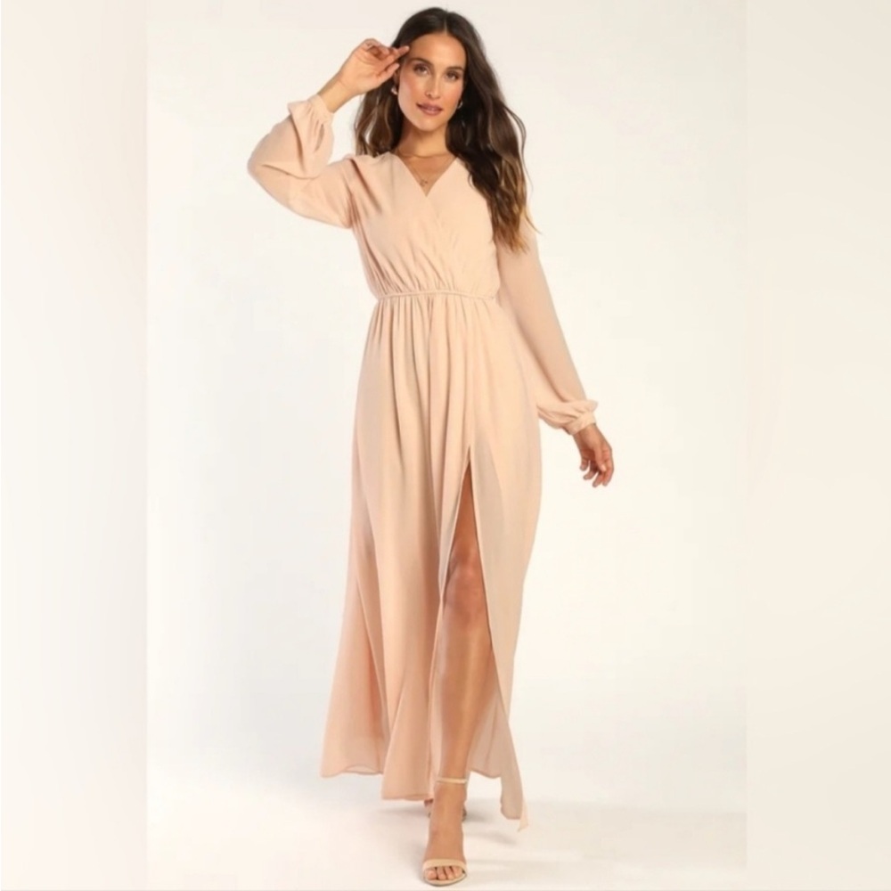 Lulu’s Wonderous Water Lilies Blush Pink Long Sleeve V Neck Maxi Dress NWT M